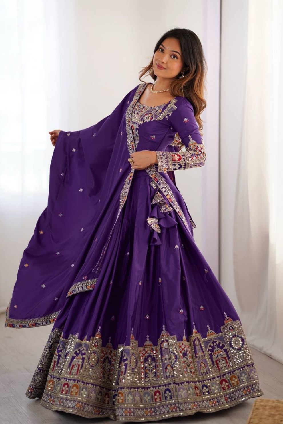 Women's Dark Purple Vichitra Silk Embroidered Lehenga Choli Set for Weddings