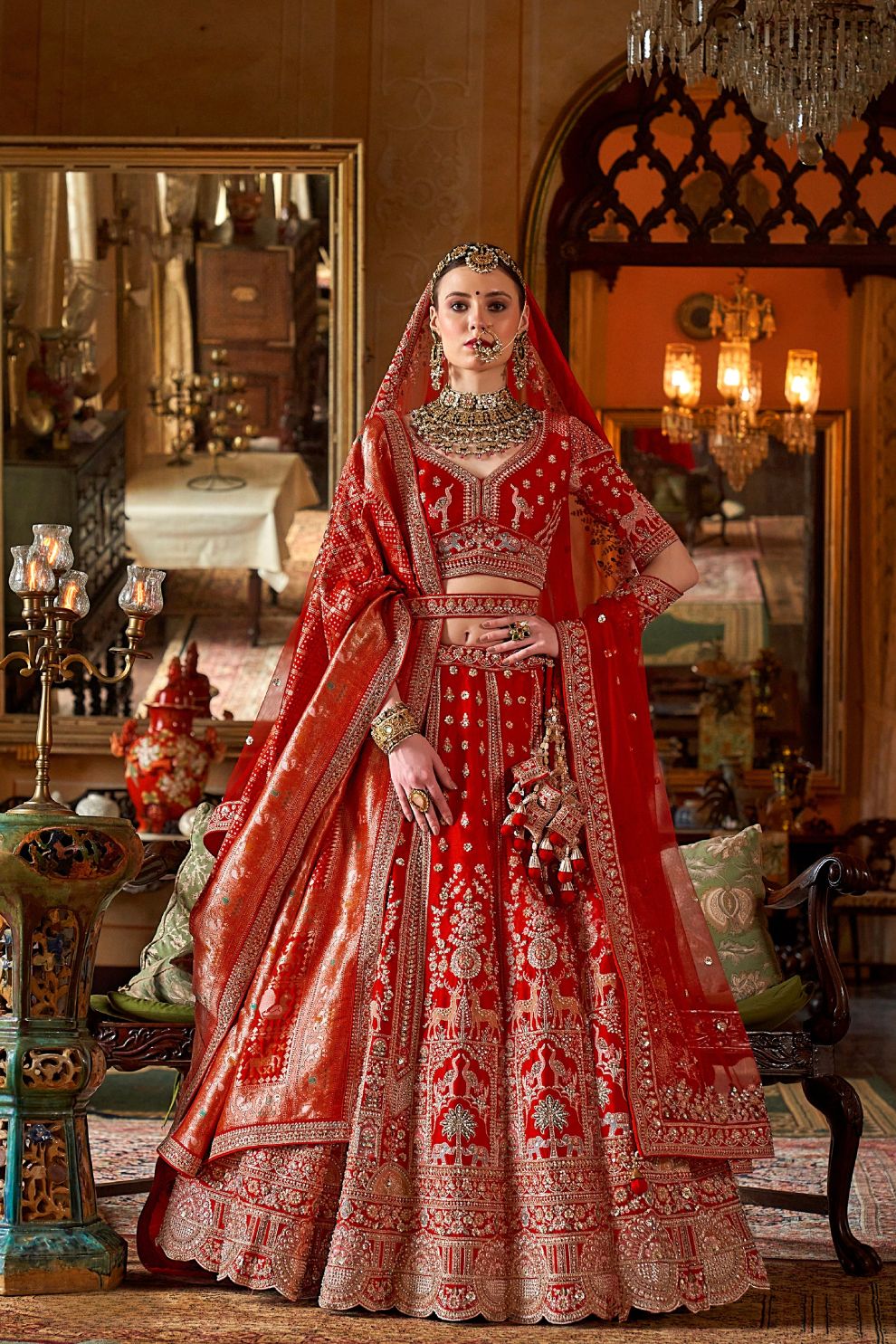 Heritage Scarlet Red Silk Bridal Lehenga with Scalloped Border & Kamarband