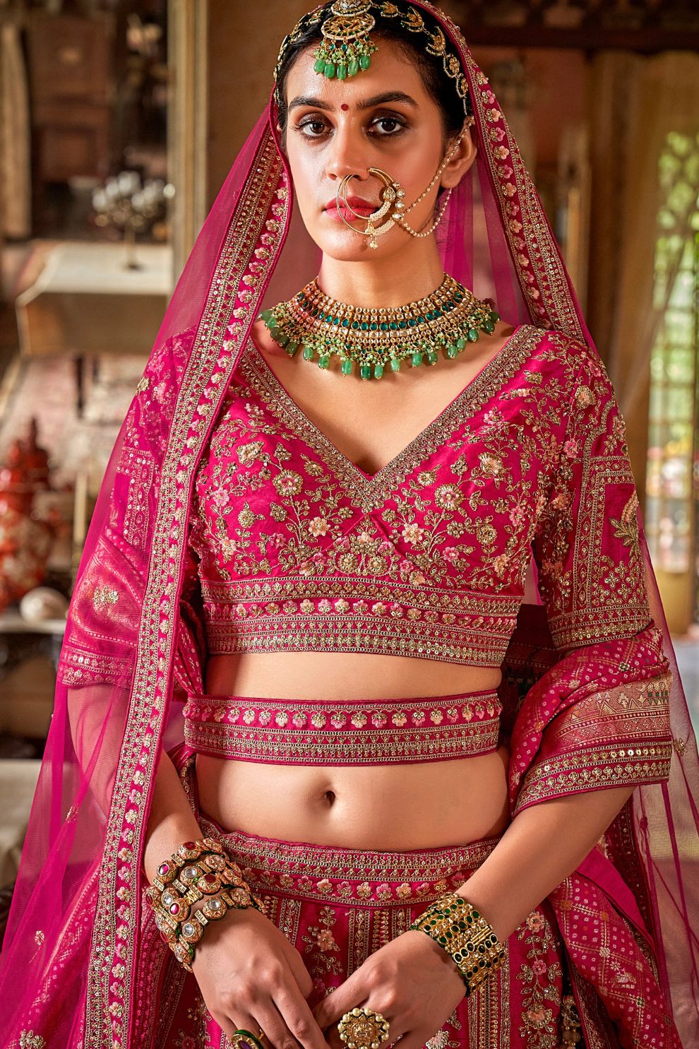 Rani Pink Silk Bridal Lehenga with Embroidered Belt Zardozi Florals
