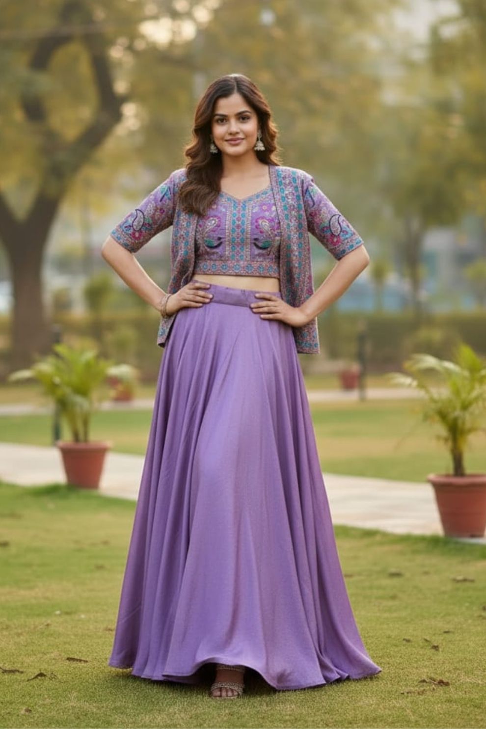 Lavender Pure Vichitra Silk Lehenga Choli with Heavy Embroidered Koti Jacket