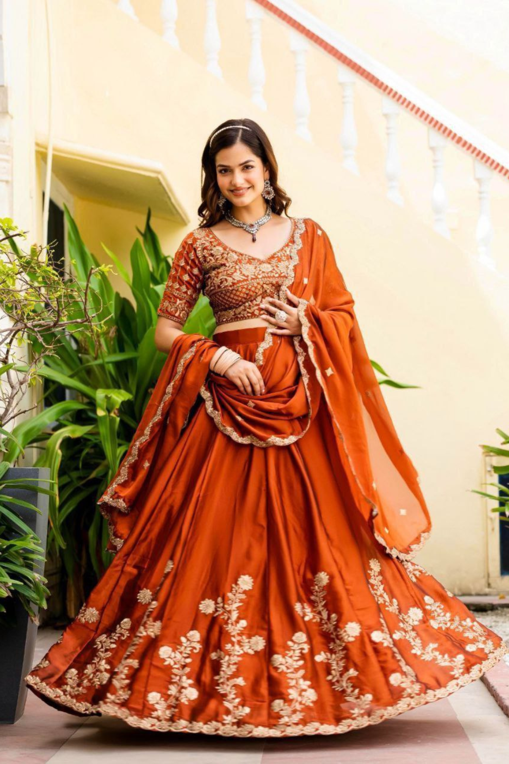 Semi-Stitched Rust Orange Embroidered Lehenga with Heavy Sequin embroidery