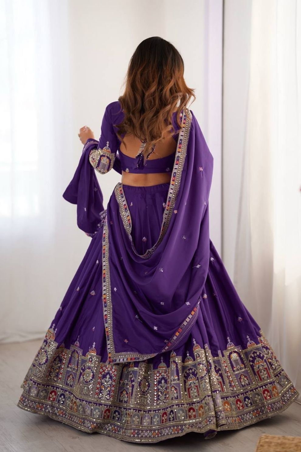 Women's Dark Purple Vichitra Silk Embroidered Lehenga Choli Set for Weddings