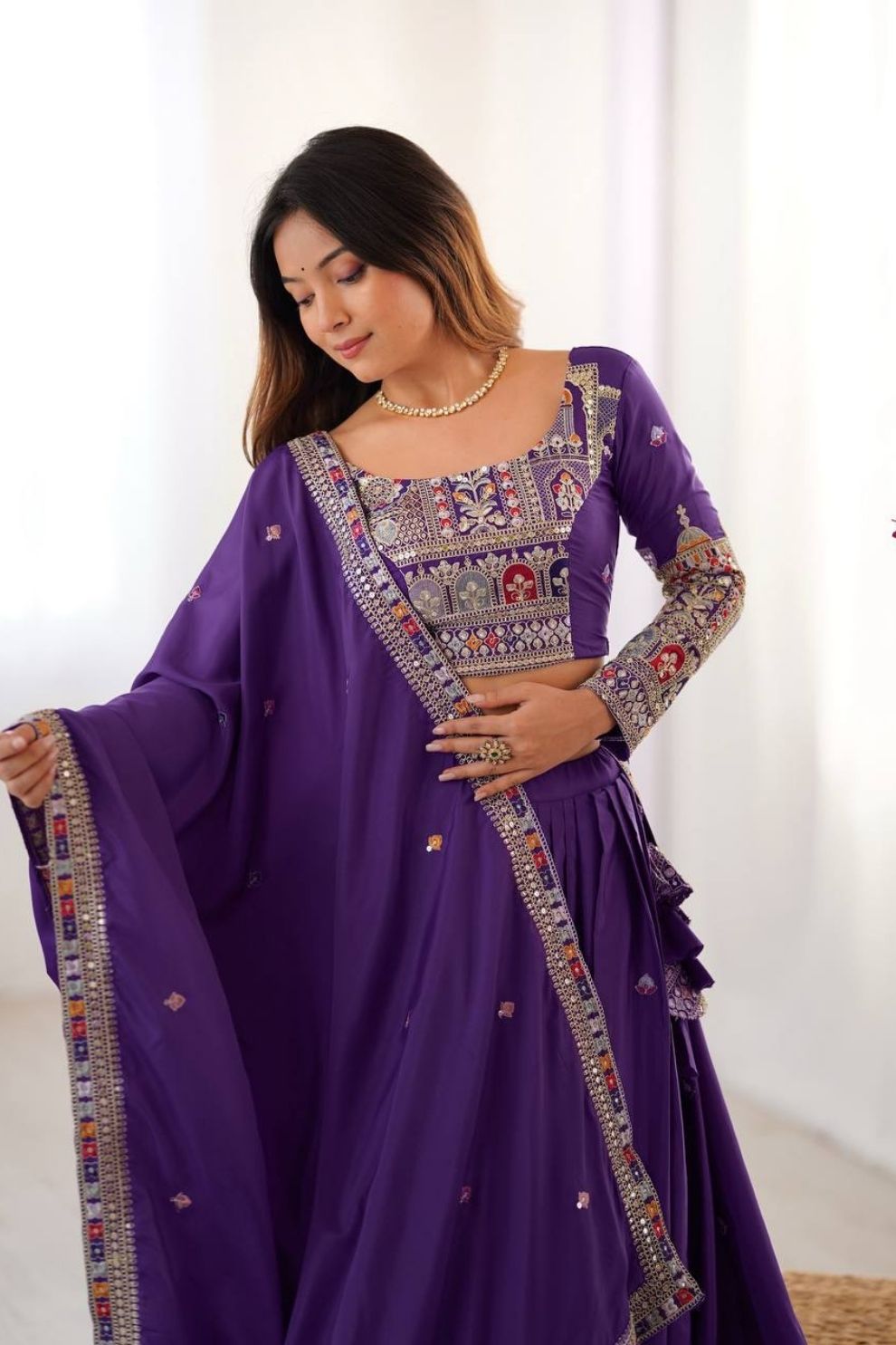 Women's Dark Purple Vichitra Silk Embroidered Lehenga Choli Set for Weddings