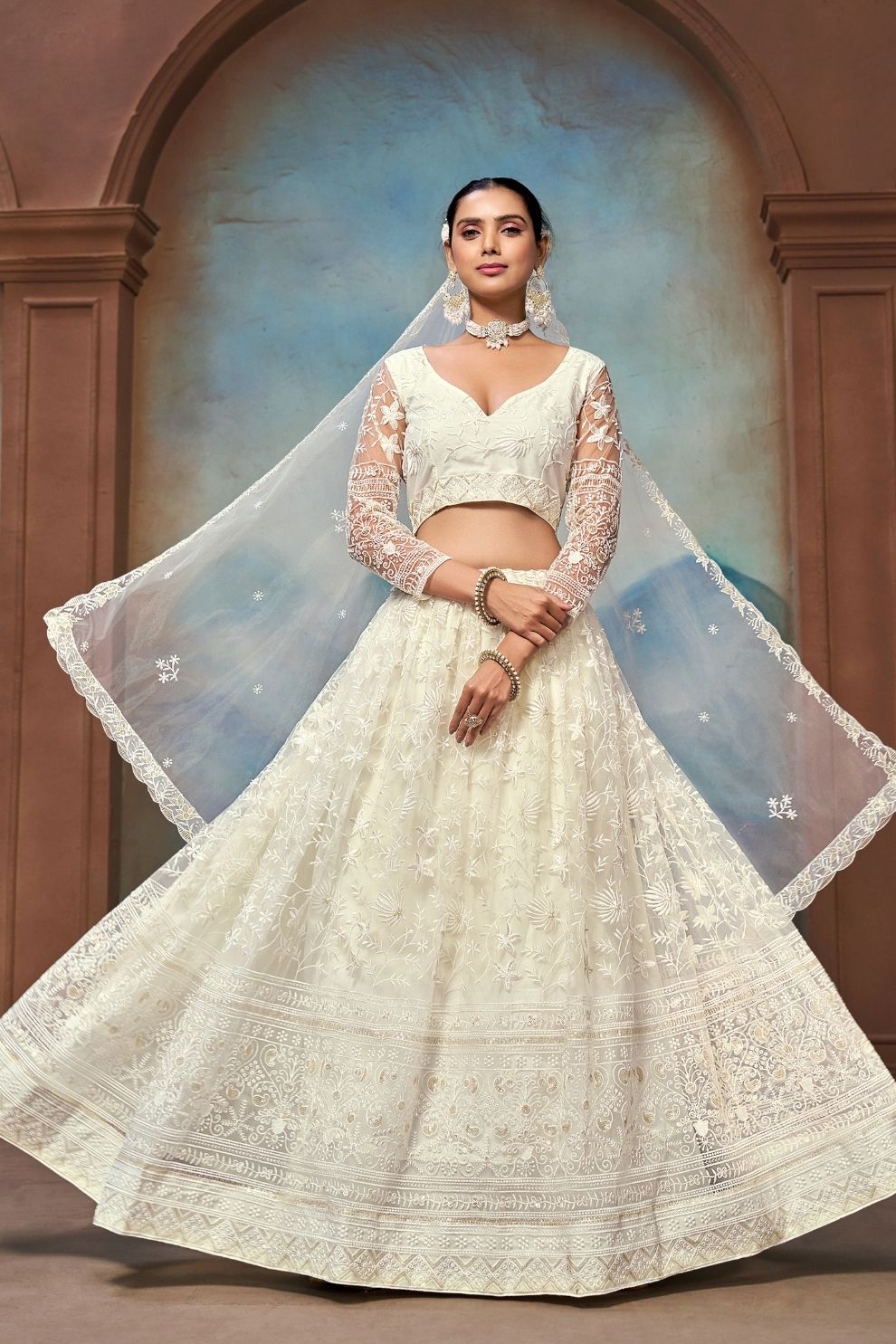 White Soft Net Thread and Sequins Embroidered Semi-Stitched Lehenga Choli with Dupatta