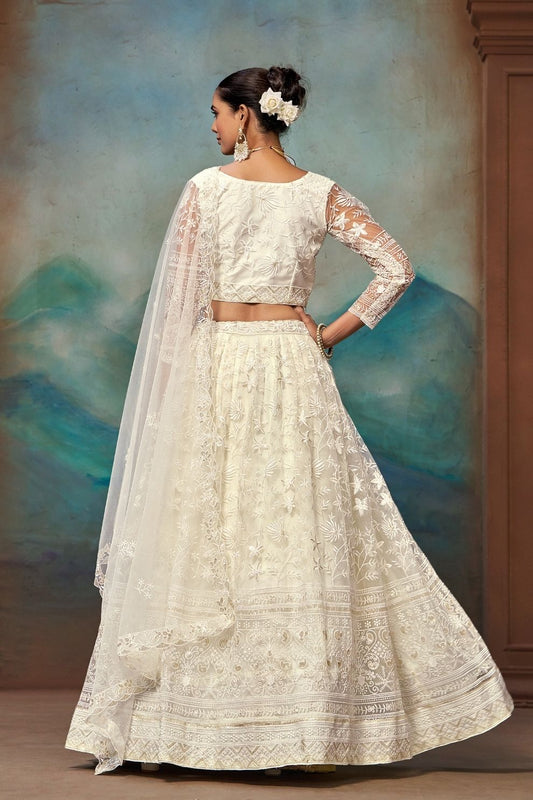 White Soft Net Thread and Sequins Embroidered Semi-Stitched Lehenga Choli with Dupatta