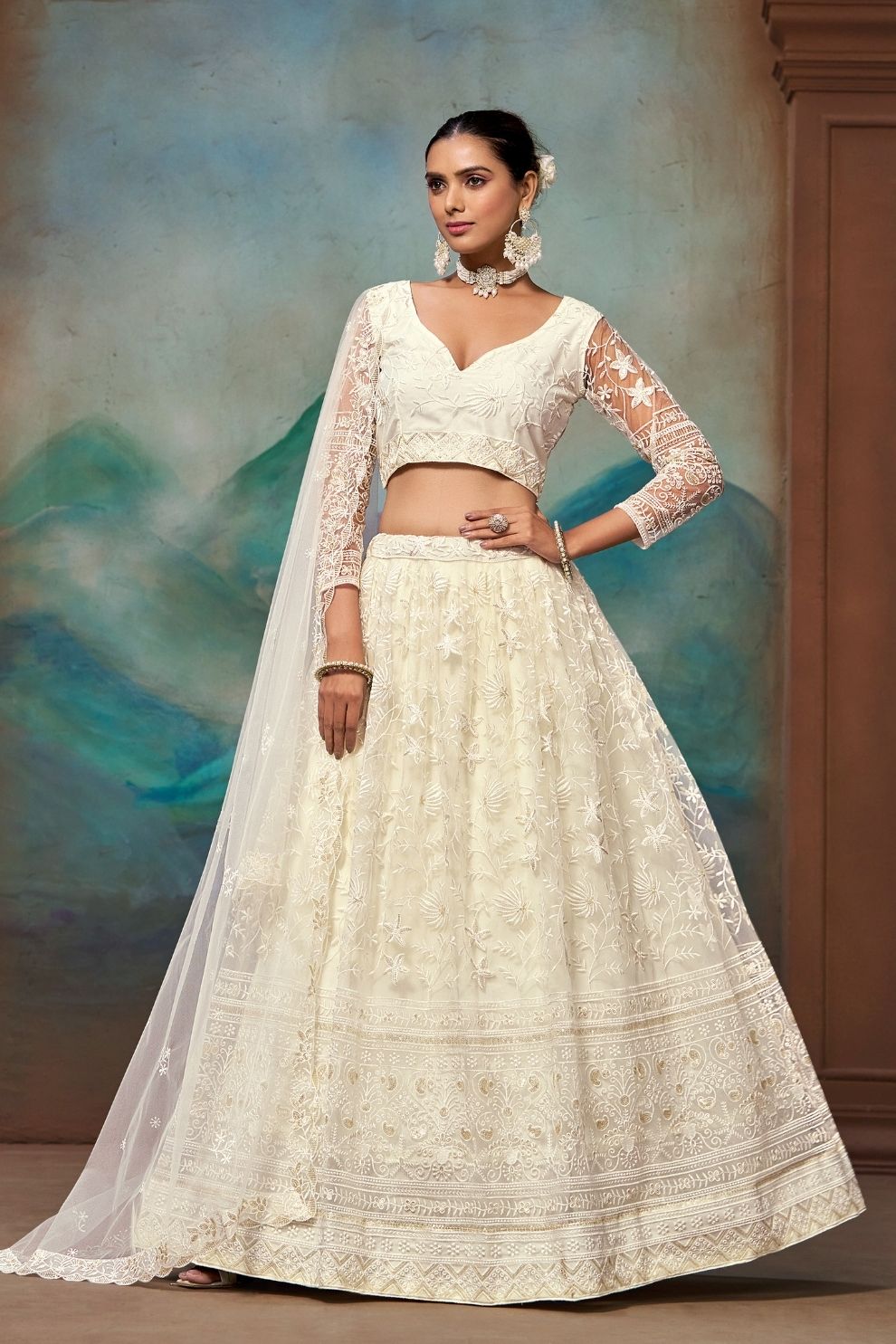 White Soft Net Thread and Sequins Embroidered Semi-Stitched Lehenga Choli with Dupatta