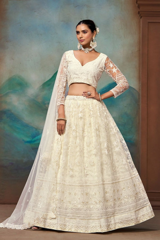 White Soft Net Thread and Sequins Embroidered Semi-Stitched Lehenga Choli with Dupatta