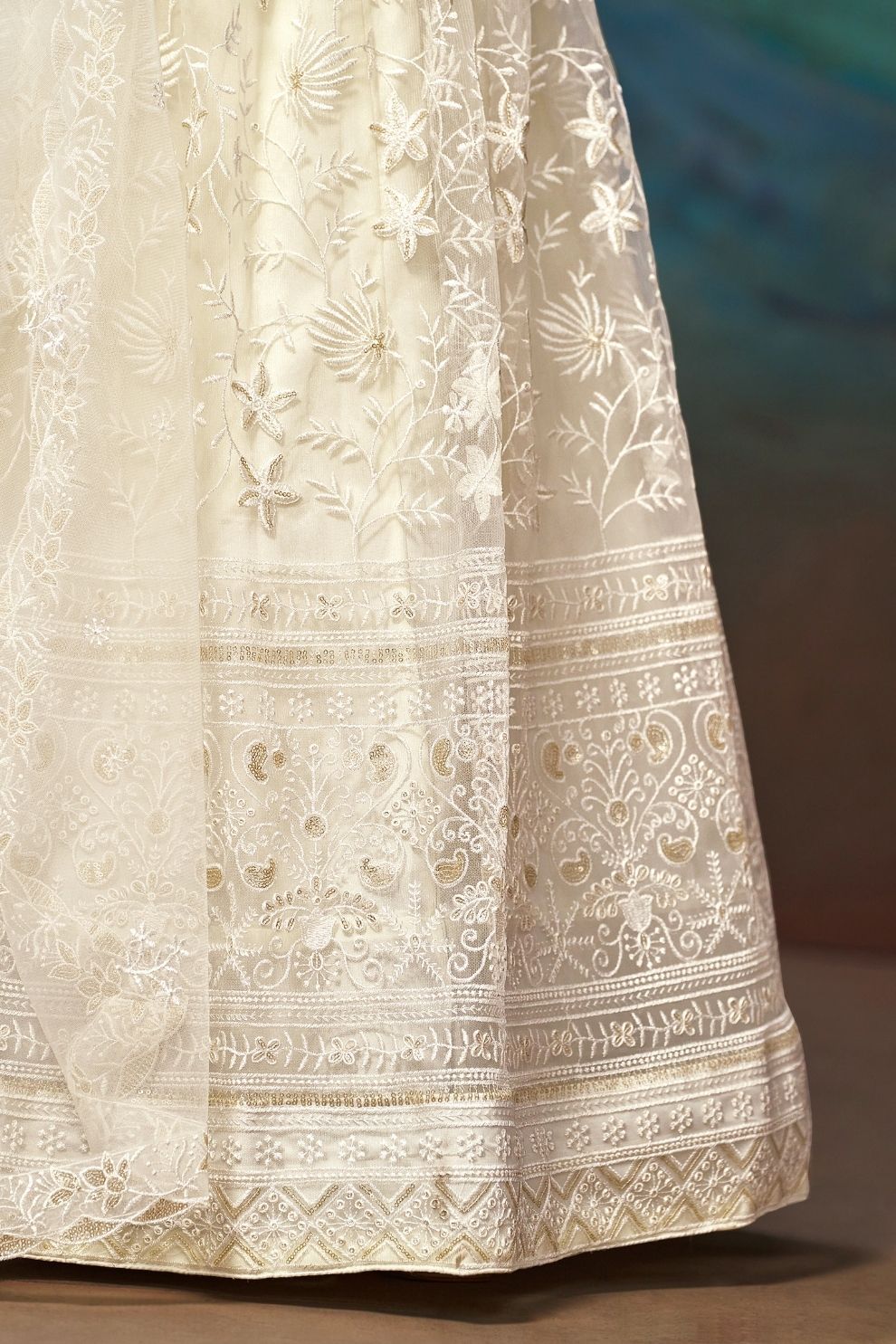 White Soft Net Thread and Sequins Embroidered Semi-Stitched Lehenga Choli with Dupatta