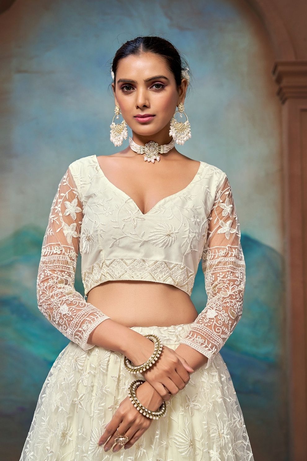 White Soft Net Thread and Sequins Embroidered Semi-Stitched Lehenga Choli with Dupatta