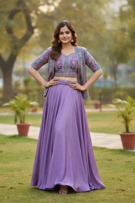Lavender Pure Vichitra Silk Lehenga Choli with Heavy Embroidered Koti Jacket