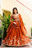 Semi-Stitched Rust Orange Embroidered Lehenga with Heavy Sequin embroidery