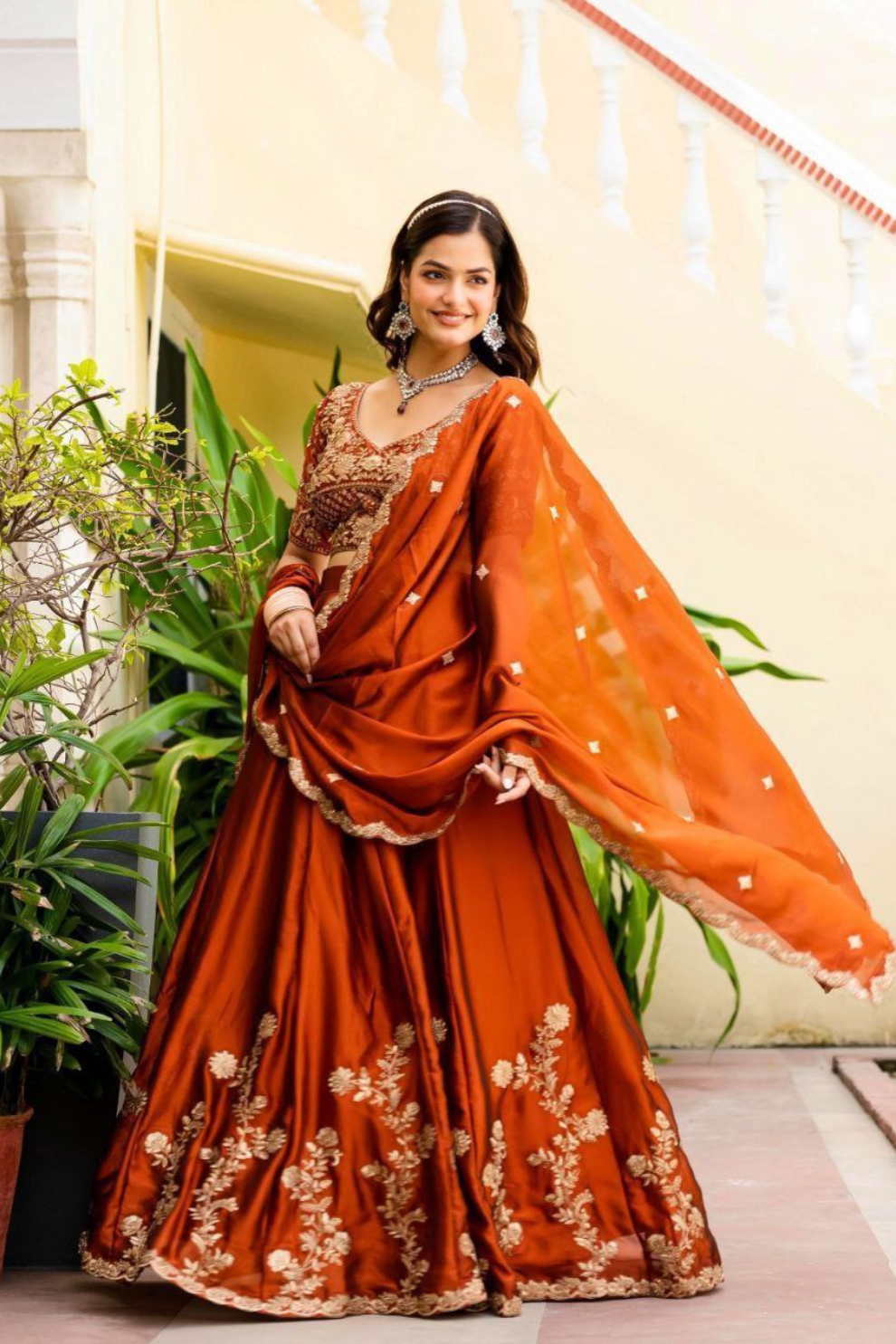 Semi-Stitched Rust Orange Embroidered Lehenga with Heavy Sequin embroidery