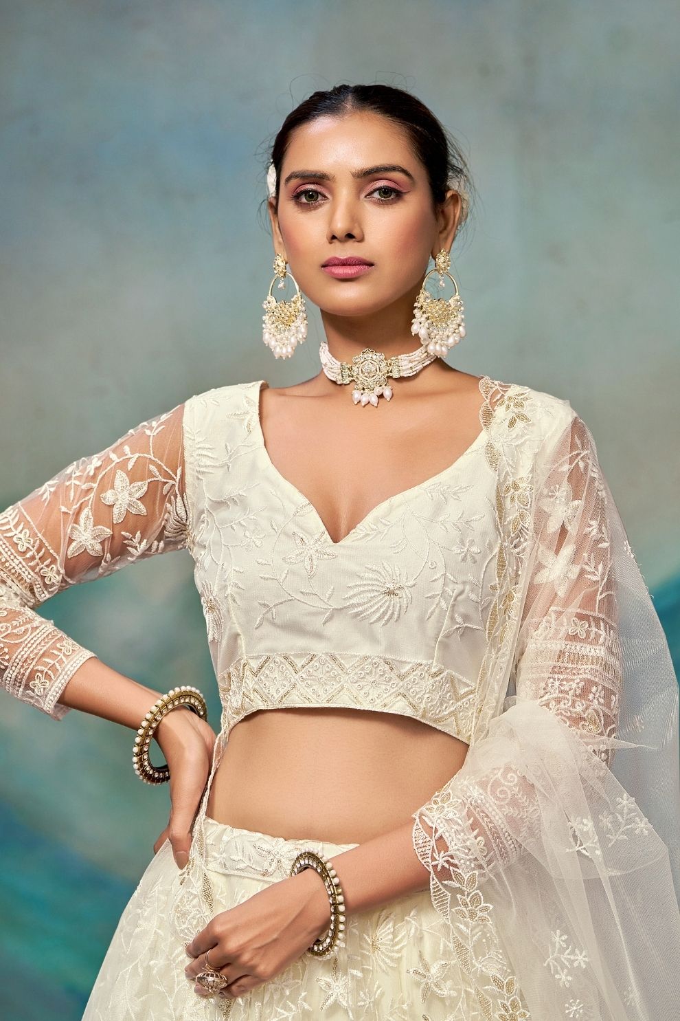 White Soft Net Thread and Sequins Embroidered Semi-Stitched Lehenga Choli with Dupatta