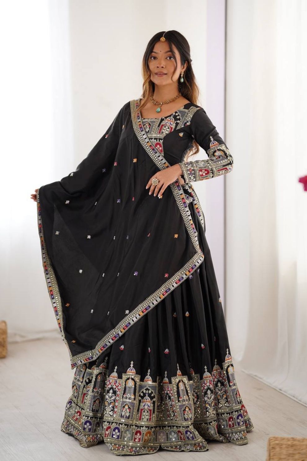 Women's Black Embroidered Semi Stitched Lehenga Choli with Net Dupatta