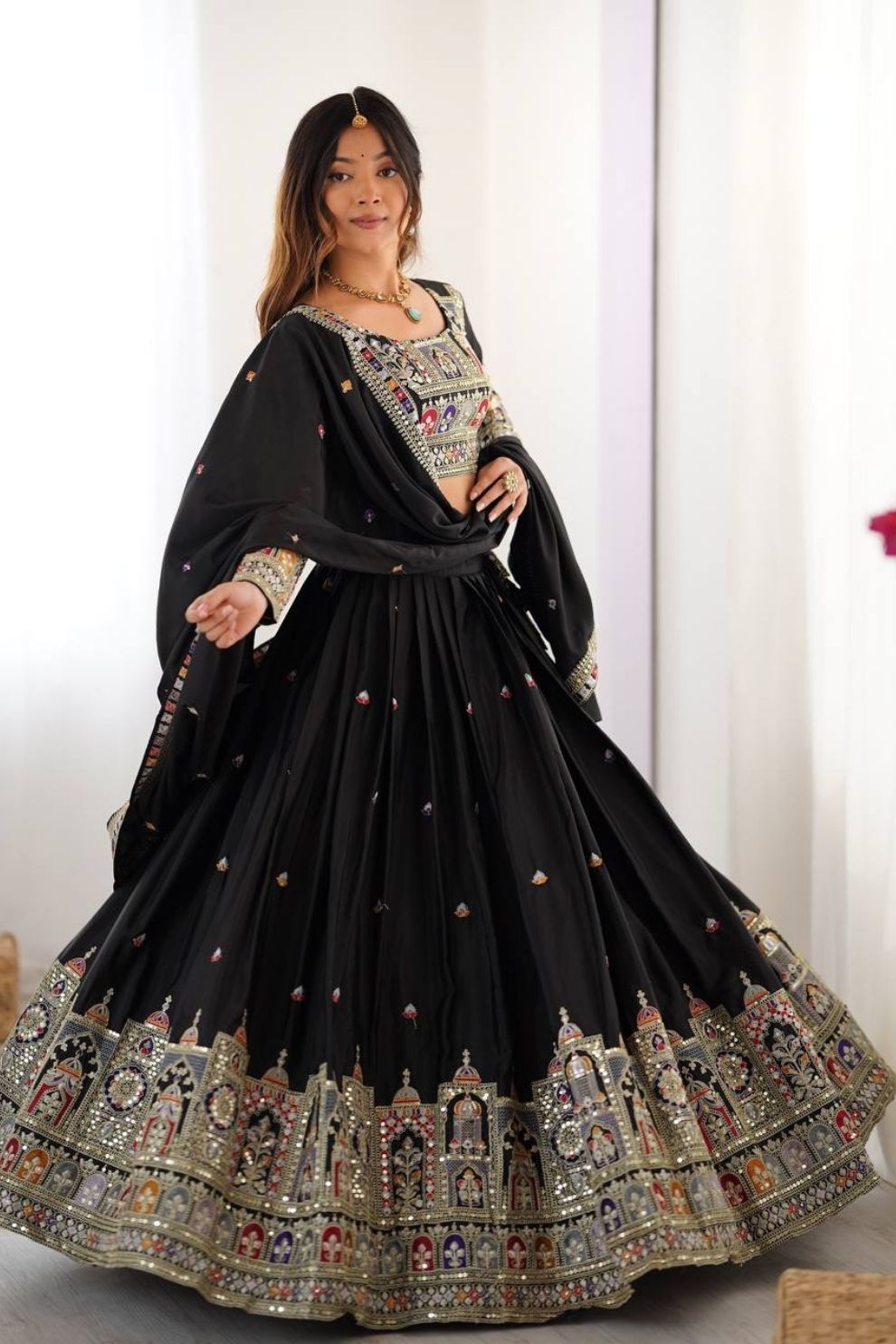 Women's Black Embroidered Semi Stitched Lehenga Choli with Net Dupatta