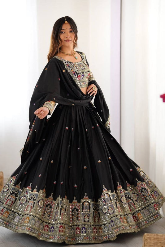 Women's Black Embroidered Semi Stitched Lehenga Choli with Net Dupatta