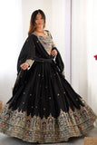 Women's Black Embroidered Semi Stitched Lehenga Choli with Net Dupatta