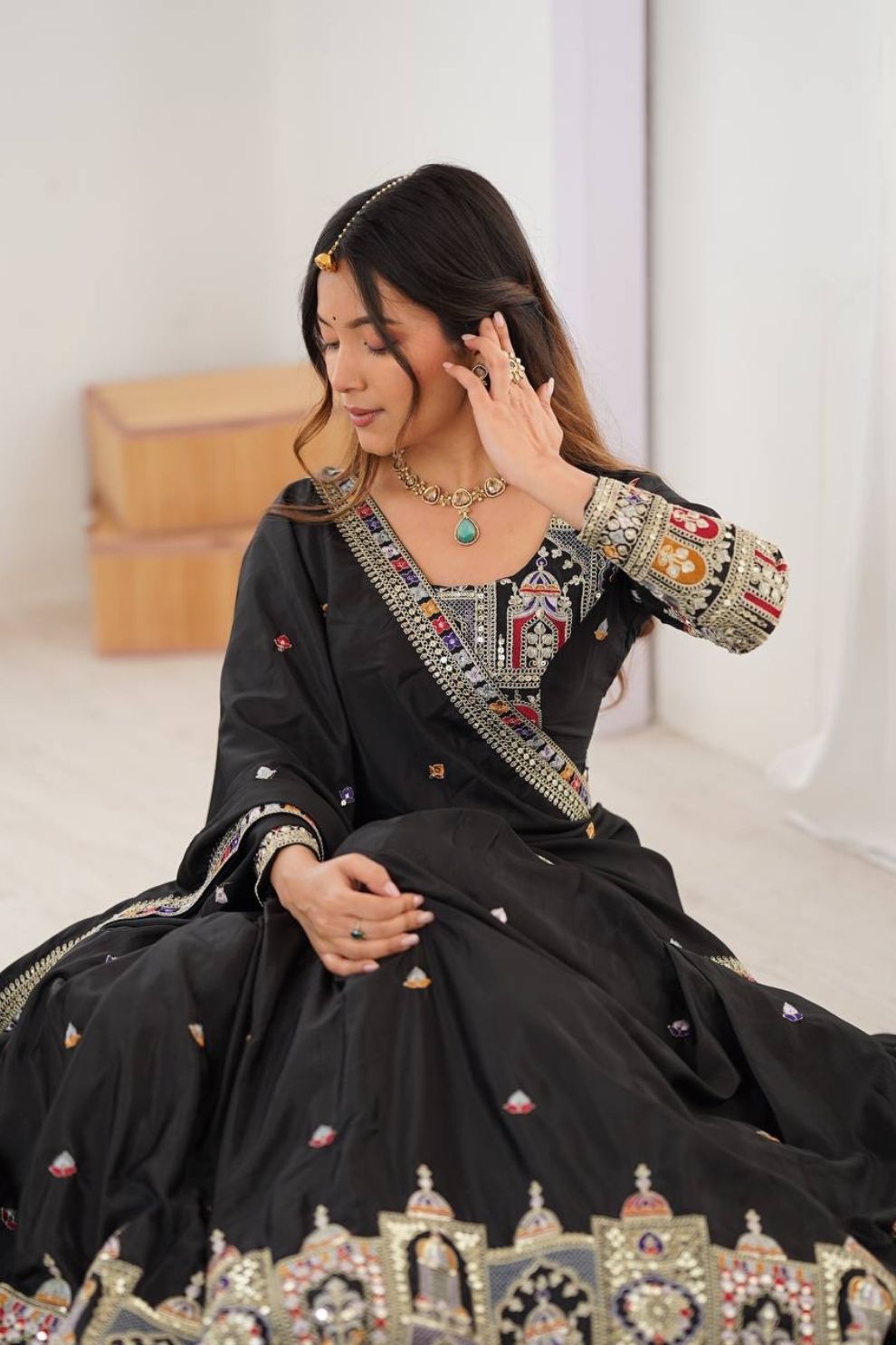 Women's Black Embroidered Semi Stitched Lehenga Choli with Net Dupatta