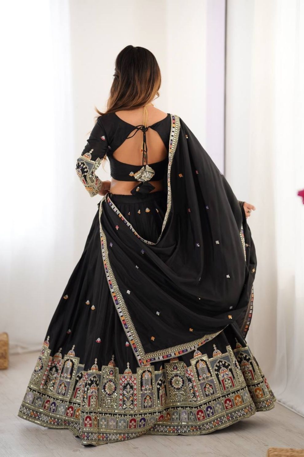 Women's Black Embroidered Semi Stitched Lehenga Choli with Net Dupatta