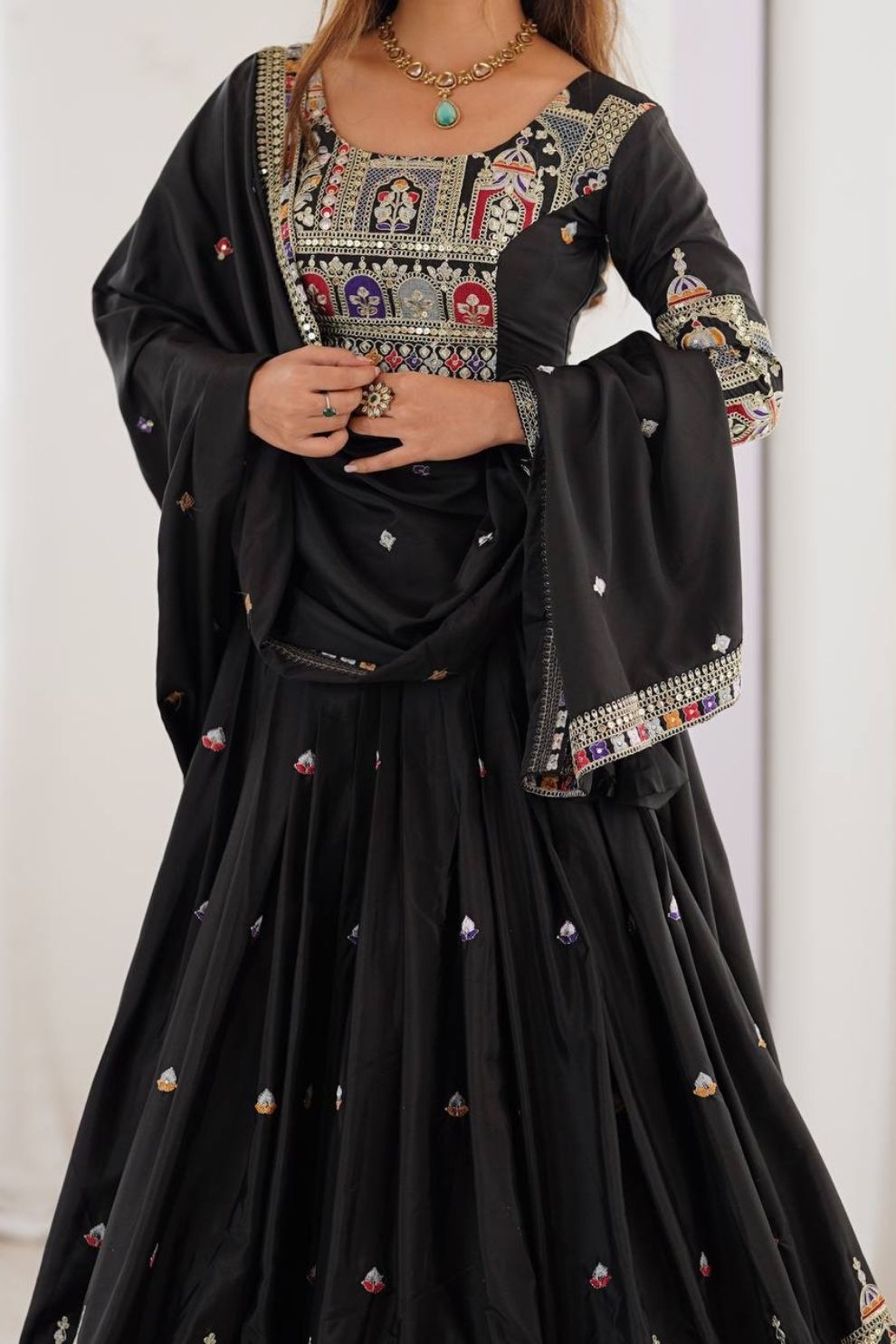 Women's Black Embroidered Semi Stitched Lehenga Choli with Net Dupatta