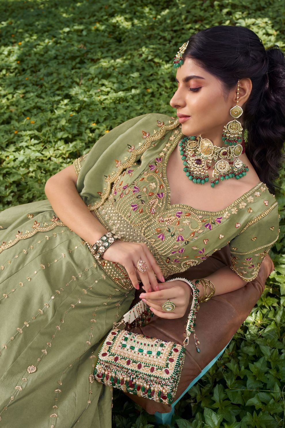 Royal Pista Green Silk Mehendi Lehenga Choli with Bead Embroidery Elegant