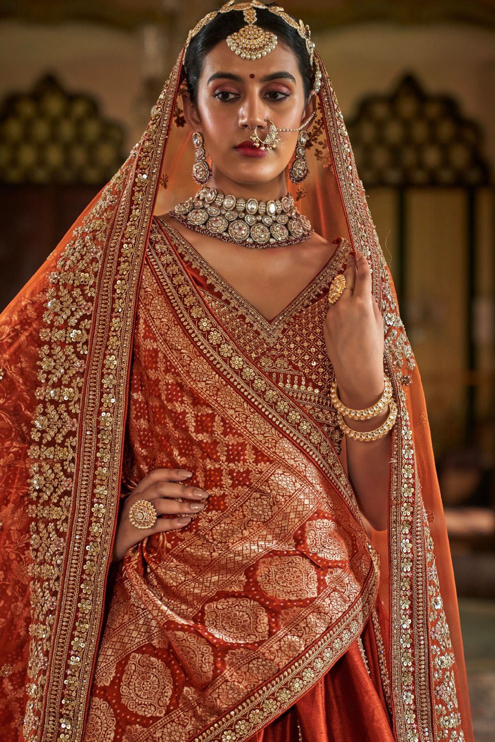 Rust Orange Silk Bridal Lehenga with Double Dupatta Zari Handwork