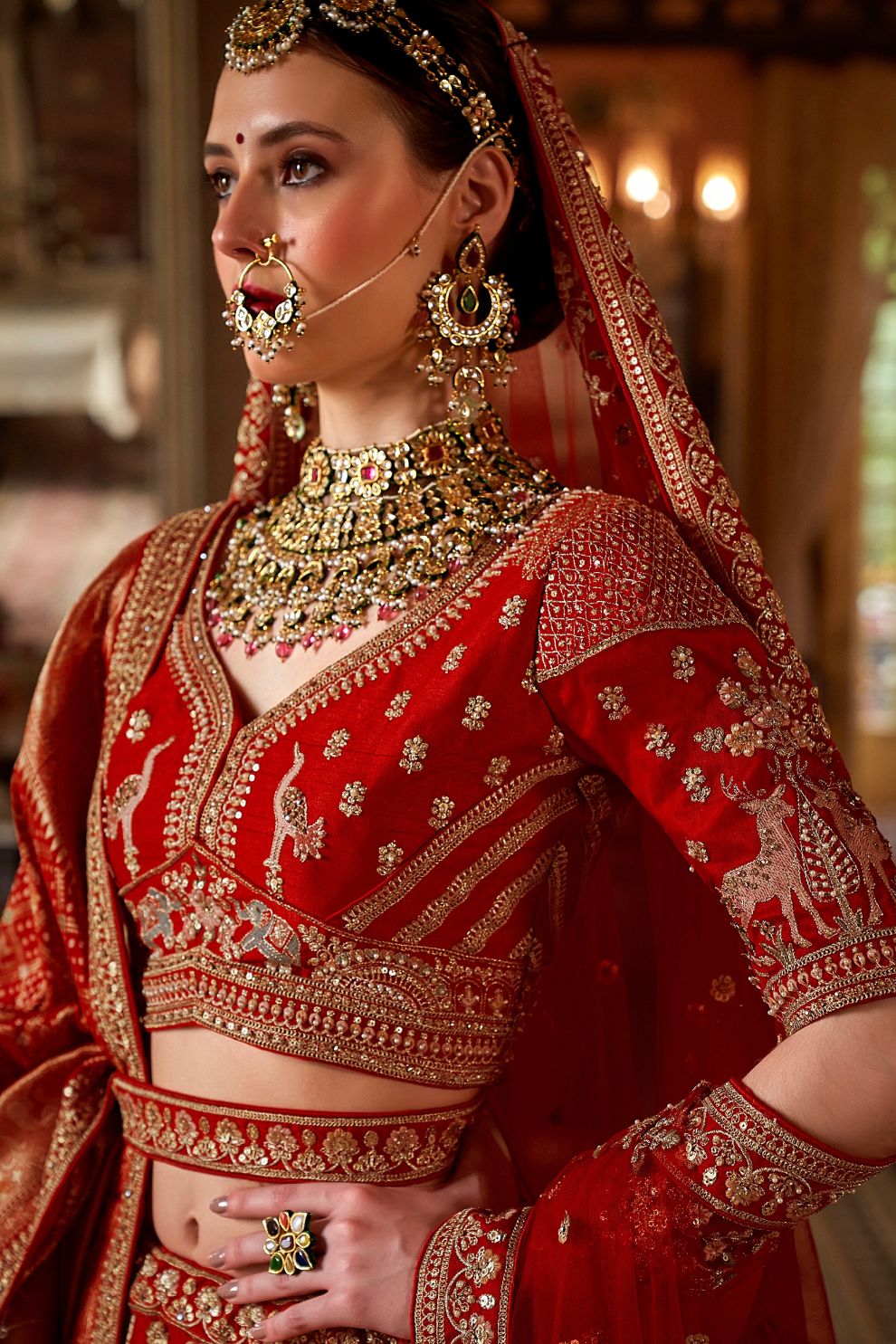 Heritage Scarlet Red Silk Bridal Lehenga with Scalloped Border & Kamarband