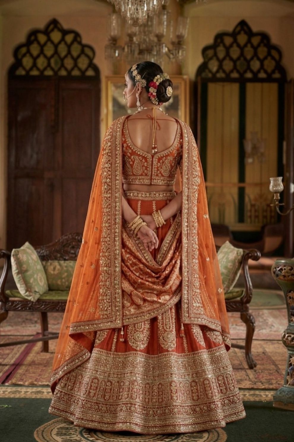 Rust Orange Silk Bridal Lehenga with Double Dupatta Zari Handwork