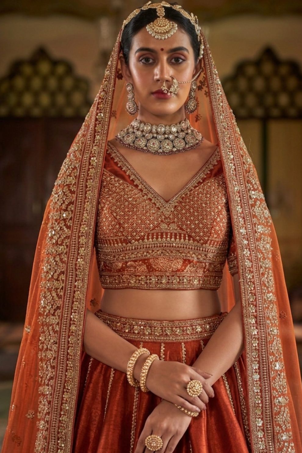 Rust Orange Silk Bridal Lehenga with Double Dupatta Zari Handwork