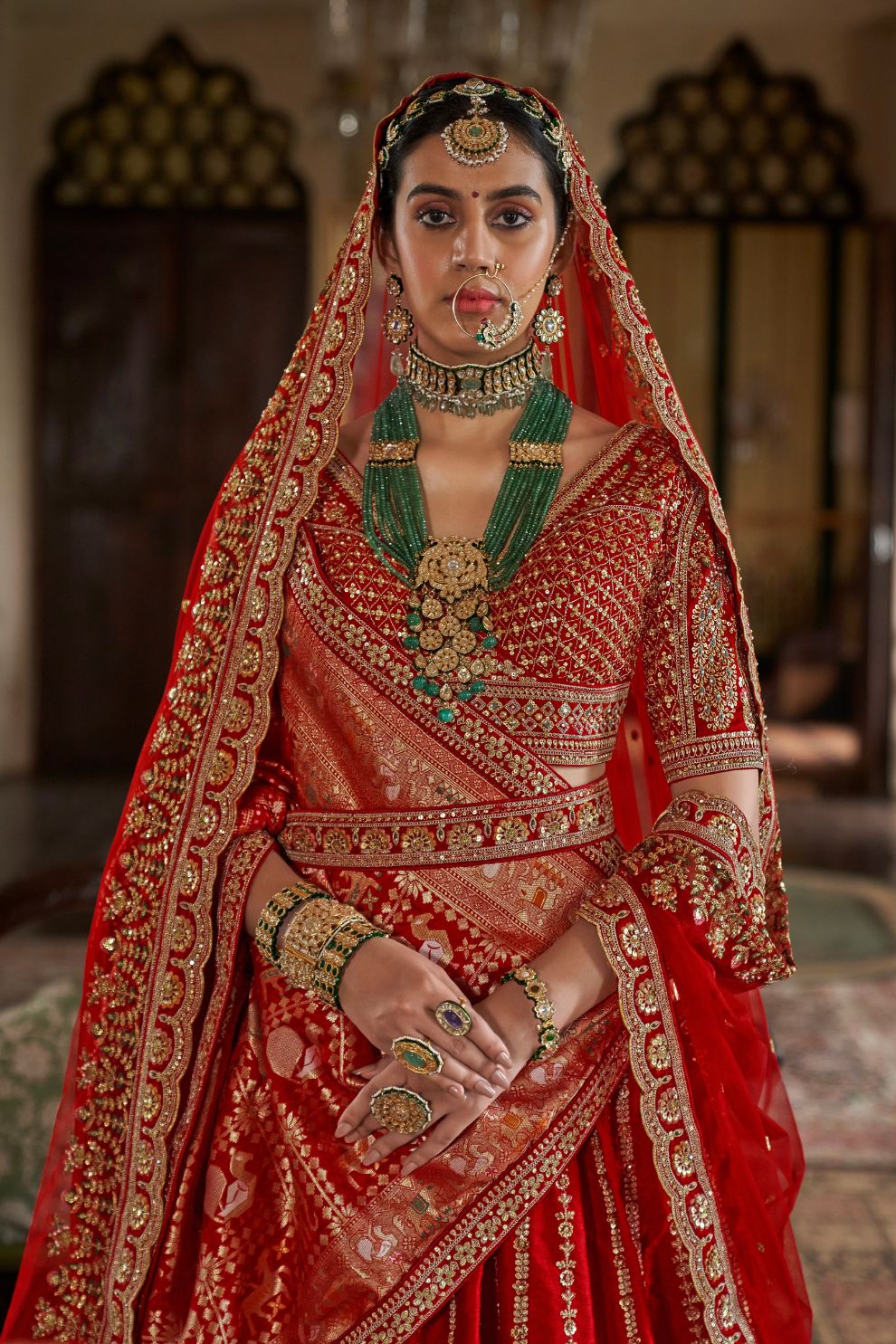 Red Bridal Silk Lehenga with Heavy Zari Embroidery and Double Dupatta
