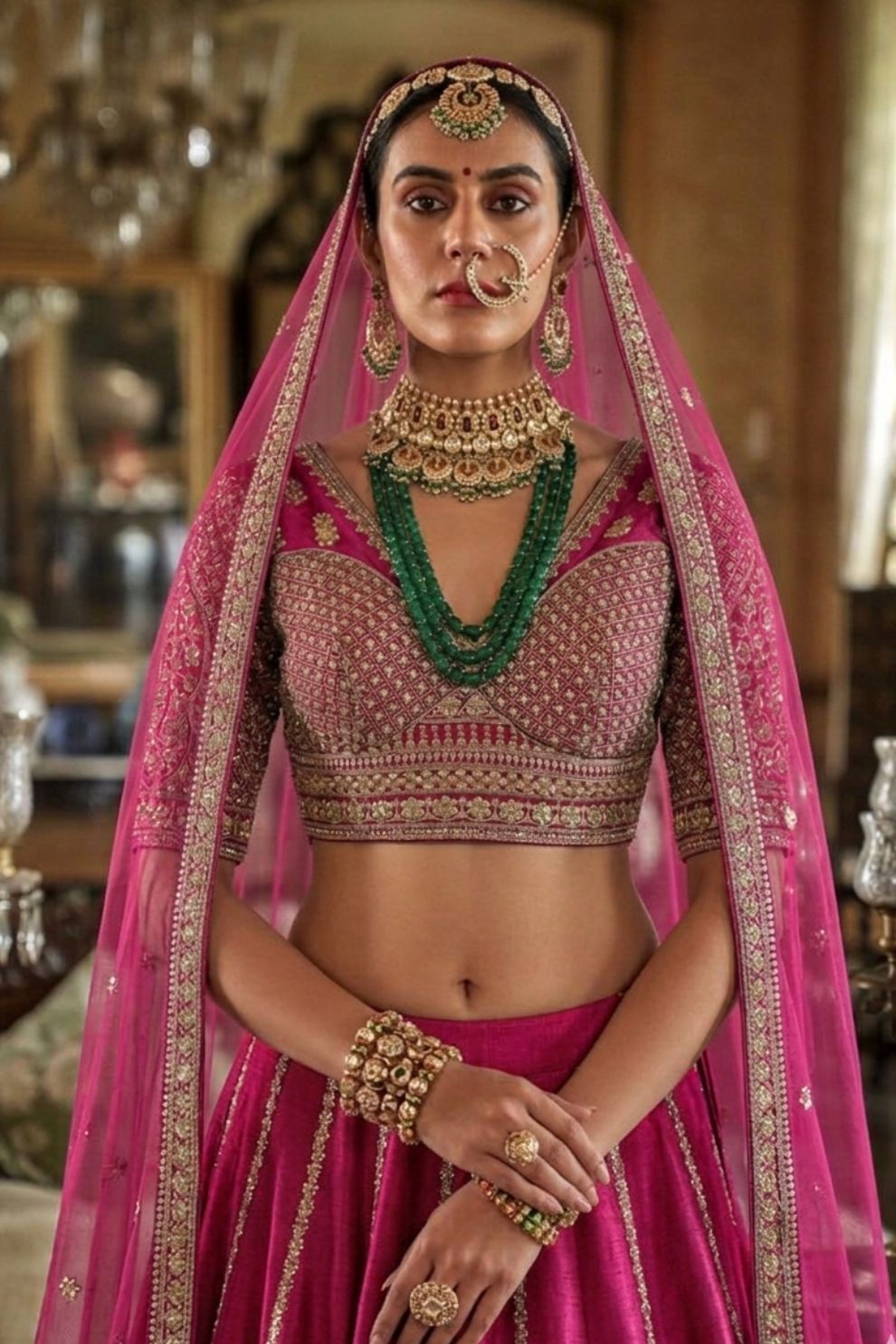 Rani Pink Silk Bridal Lehenga with Embroidered Belt Zardozi Florals