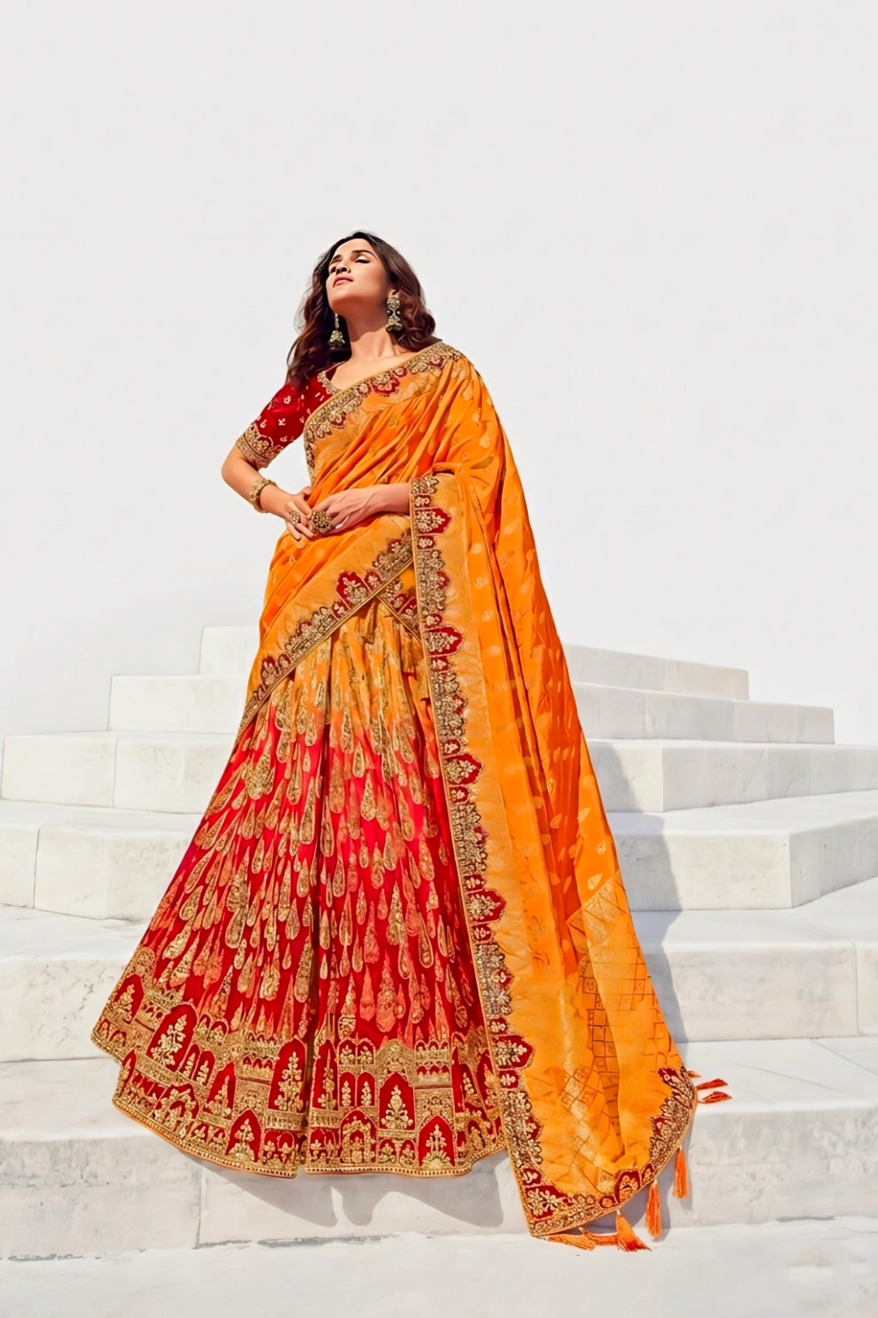 Tangerine Orange Banarasi Silk Lehenga Choli with Zari and Khatli Embroidery