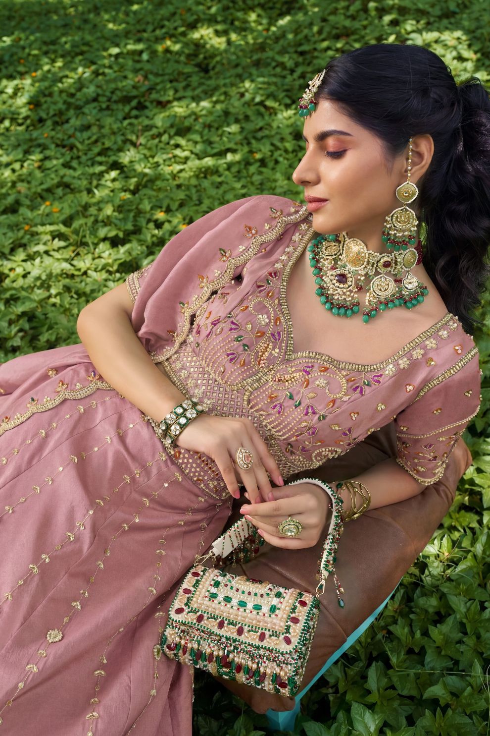 Royal Pink Silk Mehendi Lehenga Choli with Bead Embroidery Elegant