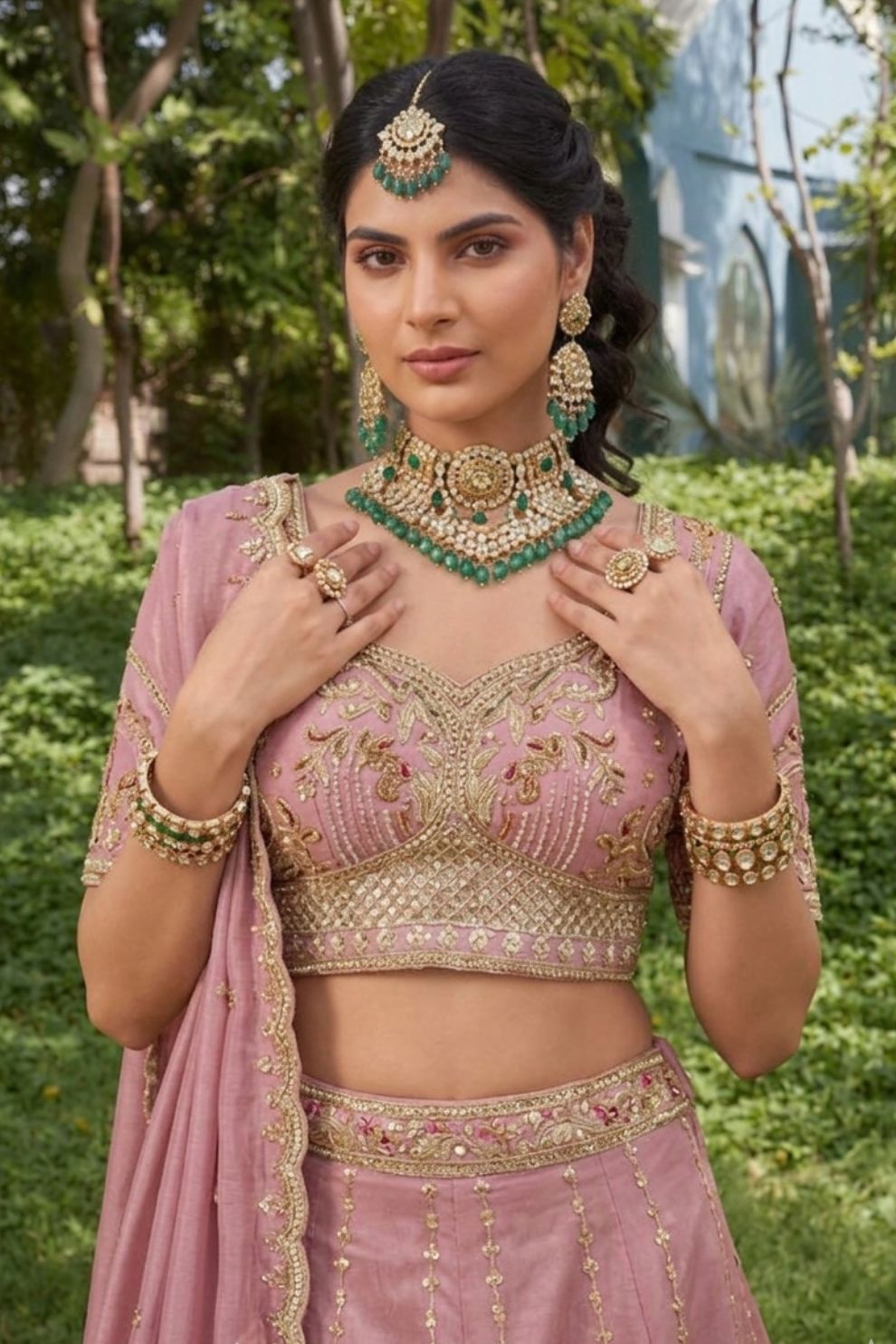 Royal Pink Silk Mehendi Lehenga Choli with Bead Embroidery Elegant