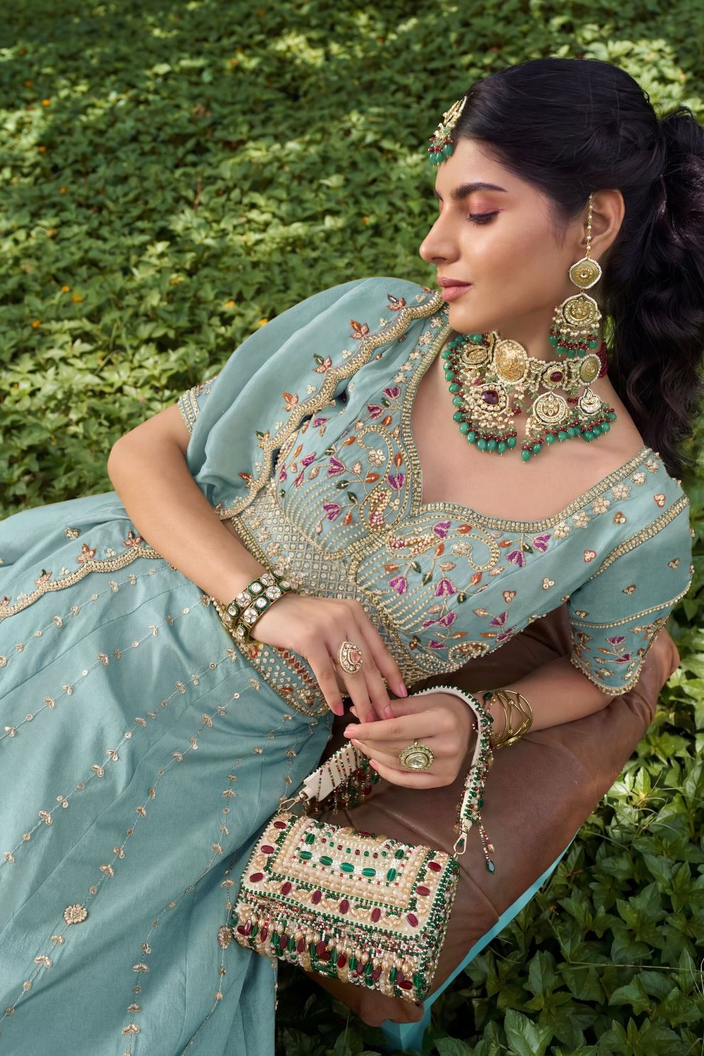 Royal Sky Blue Silk Mehendi Lehenga Choli with Bead Embroidery Elegant