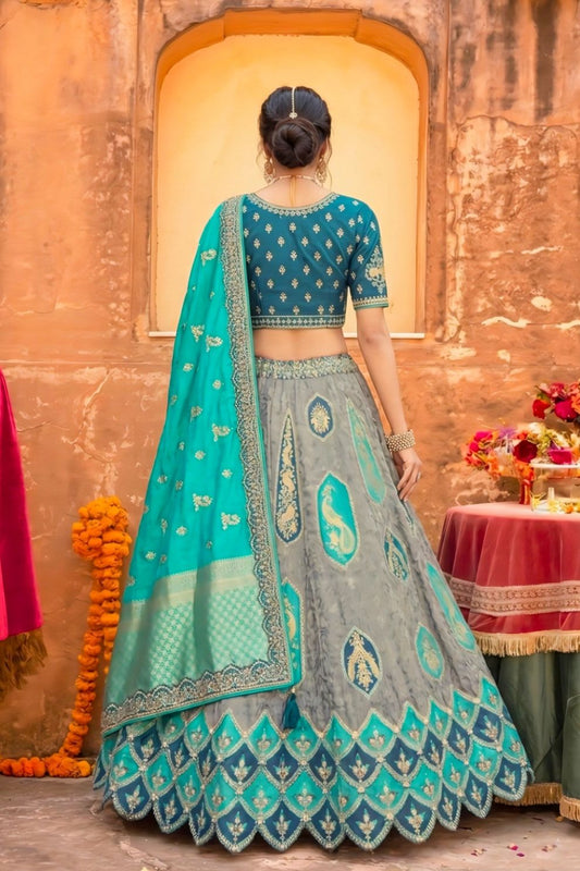 Royal Grey & Teal Silk Wedding Lehenga Choli with Zari & Stone Work