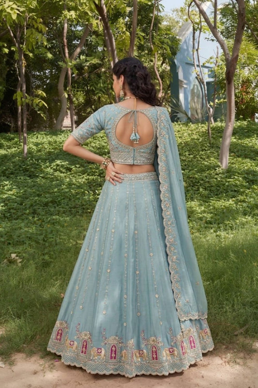 Royal Sky Blue Silk Mehendi Lehenga Choli with Bead Embroidery Elegant