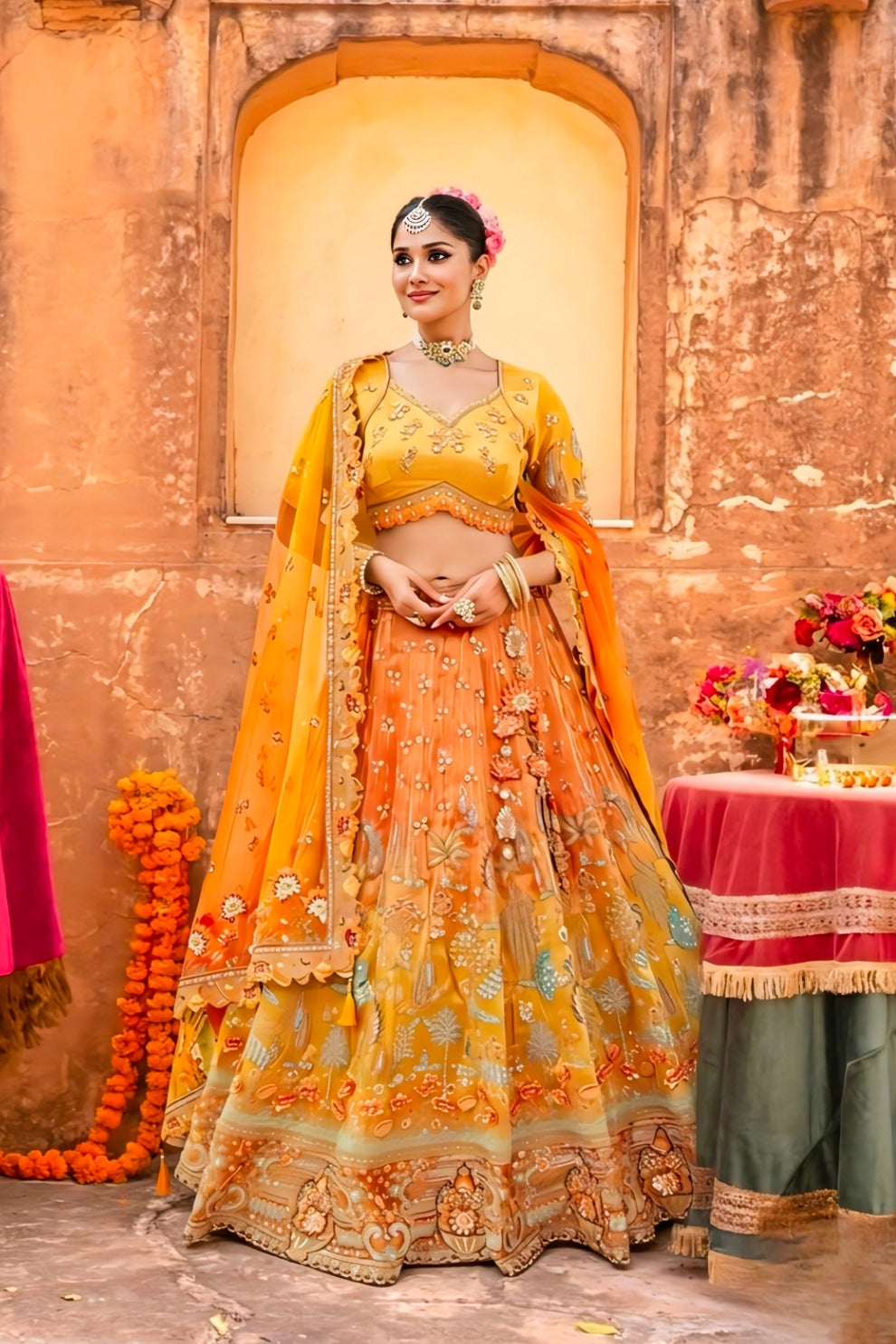 Sterling Mustard Yellow and Orange Embroidered Silk Bridal Lehenga Choli