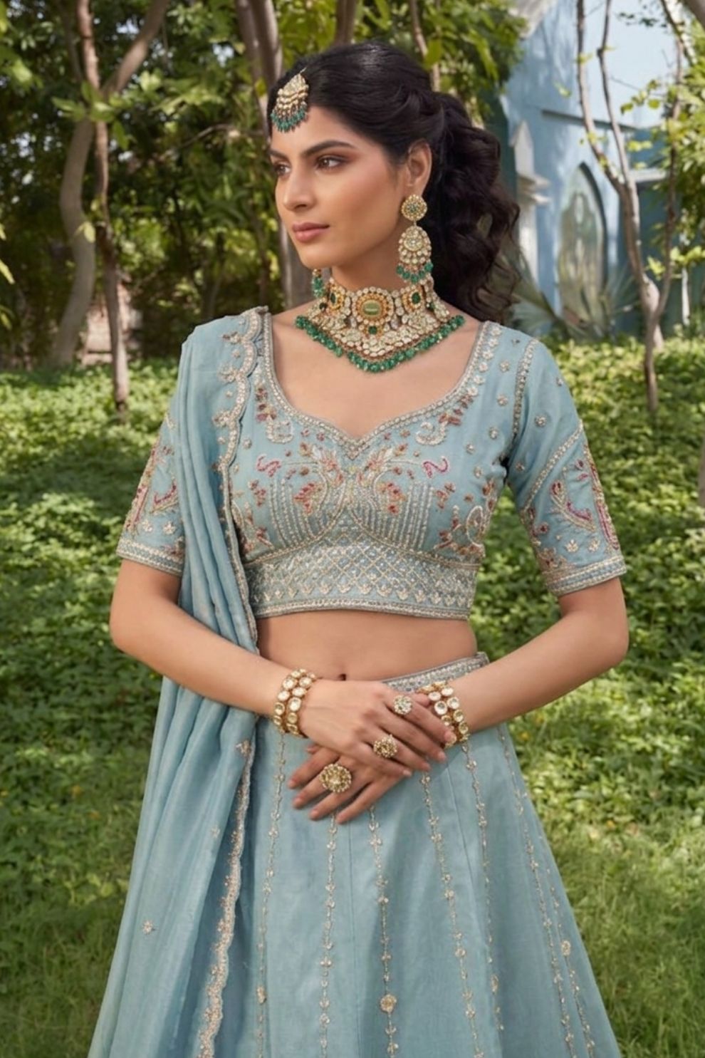 Royal Sky Blue Silk Mehendi Lehenga Choli with Bead Embroidery Elegant