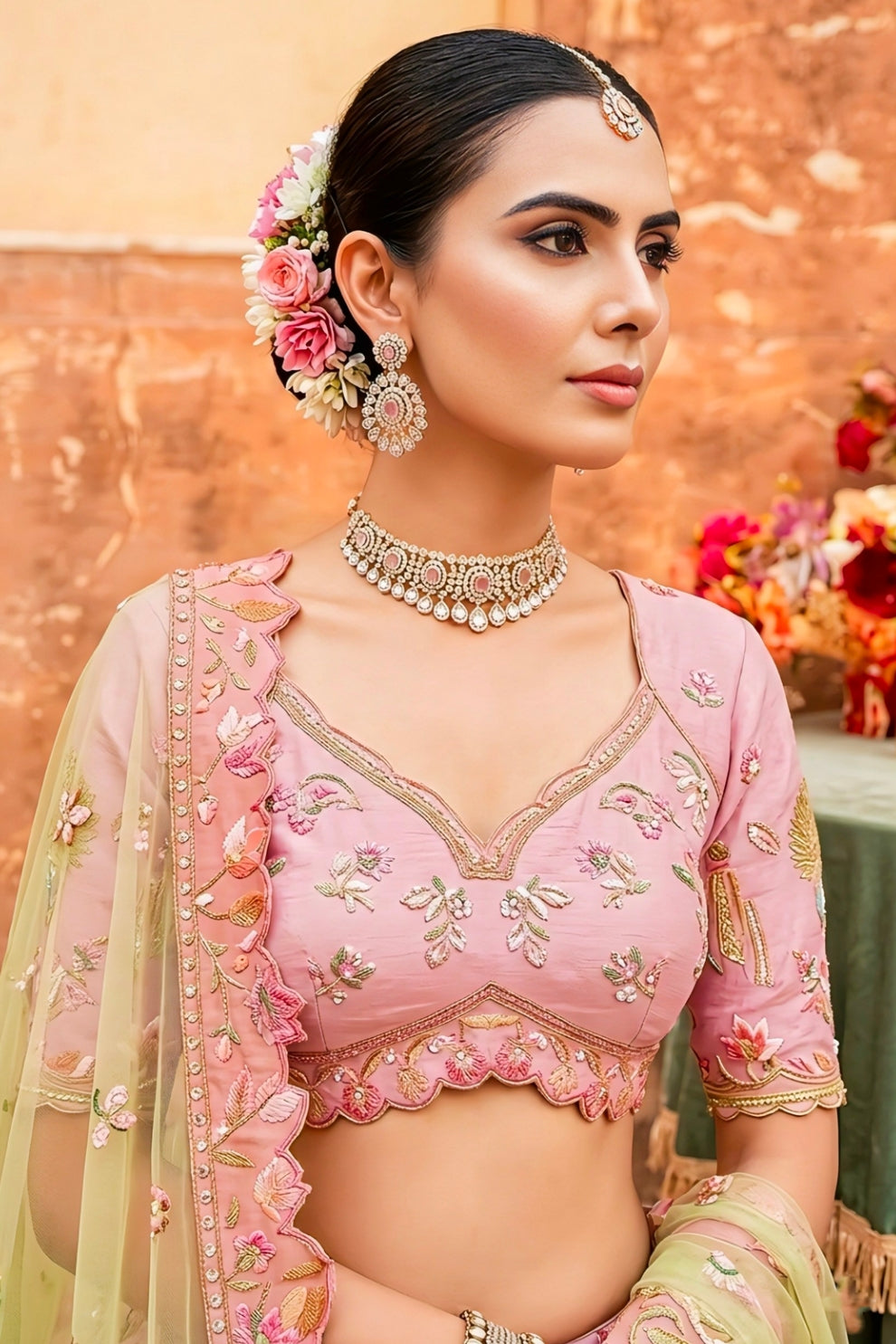 Light Pink and Pista Green Embroidered Silk Bridal Lehenga Choli