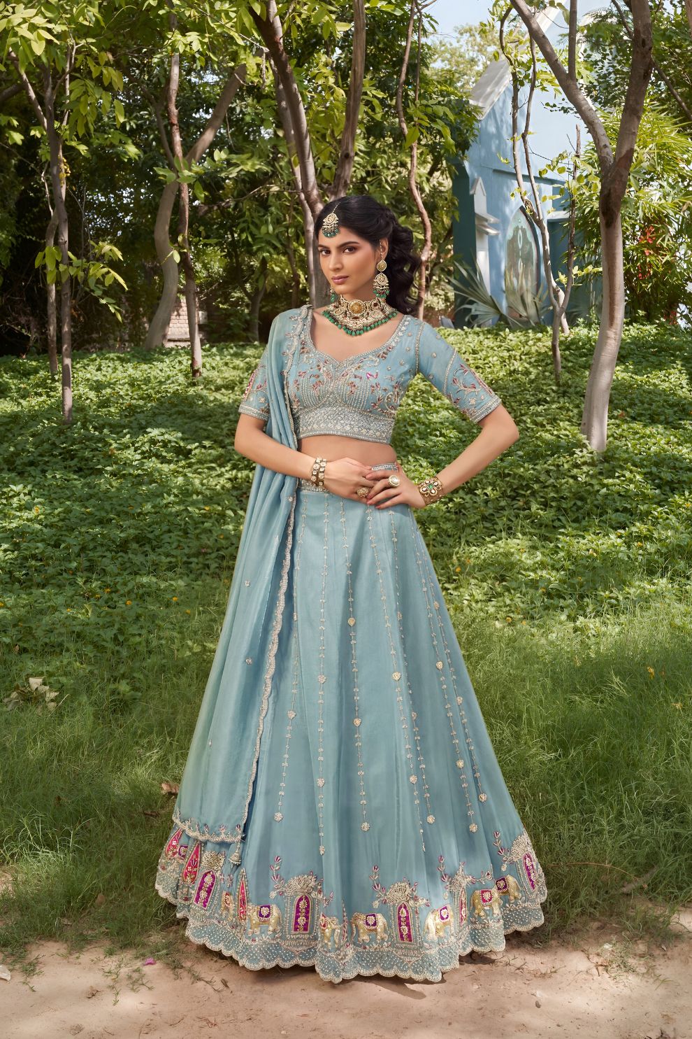 Royal Sky Blue Silk Mehendi Lehenga Choli with Bead Embroidery Elegant