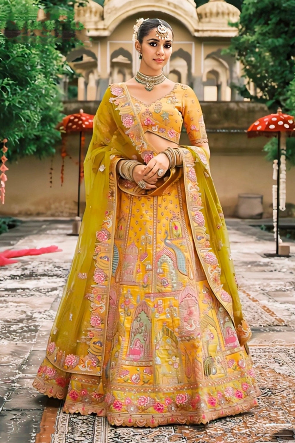 Vibrant Mustard Yellow Embroidered Silk Bridal Lehenga Choli with Traditional Motifs