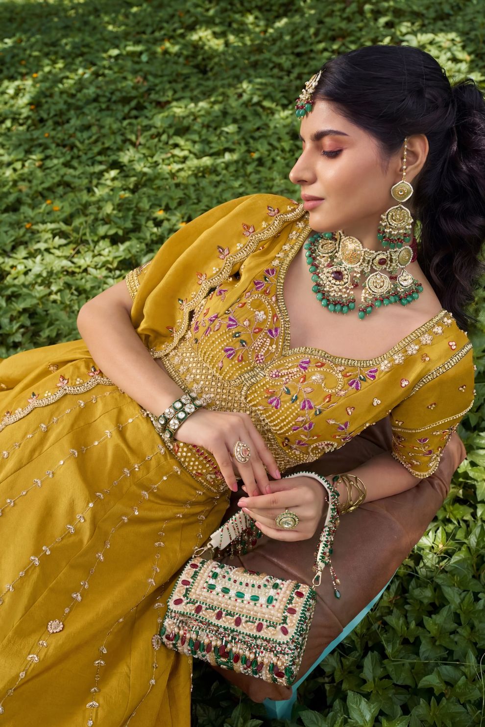 Royal Yellow Silk Mehendi Lehenga Choli with Bead Embroidery Elegant