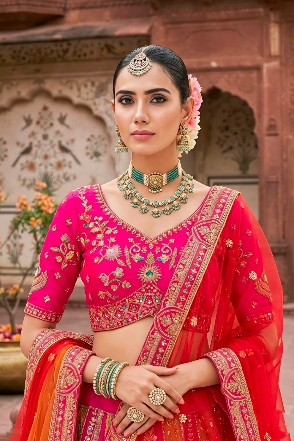 Rani Pink and Orange Silk Embroidered Bridal Lehenga Choli