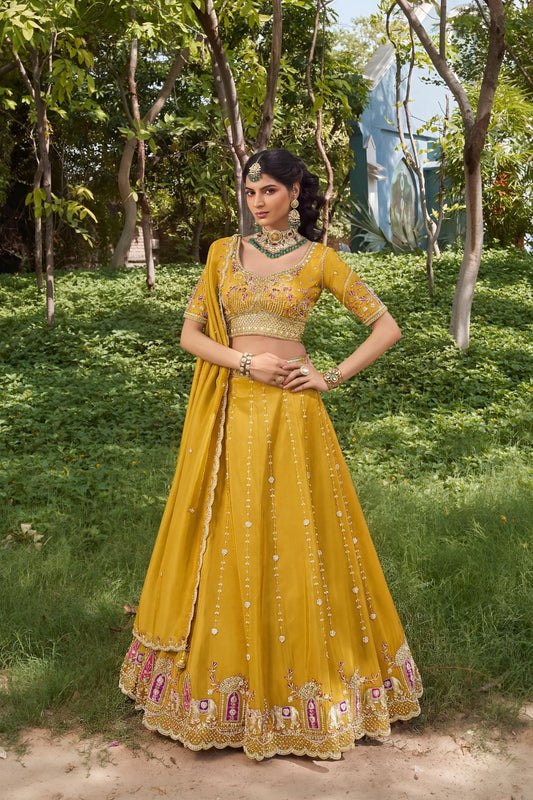 Royal Yellow Silk Mehendi Lehenga Choli with Bead Embroidery Elegant