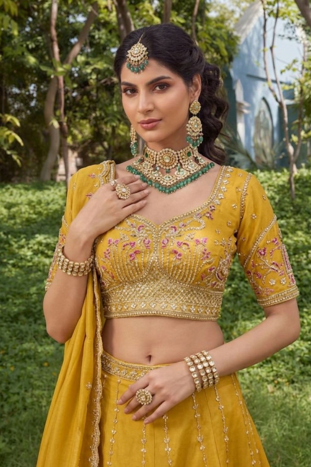Royal Yellow Silk Mehendi Lehenga Choli with Bead Embroidery Elegant