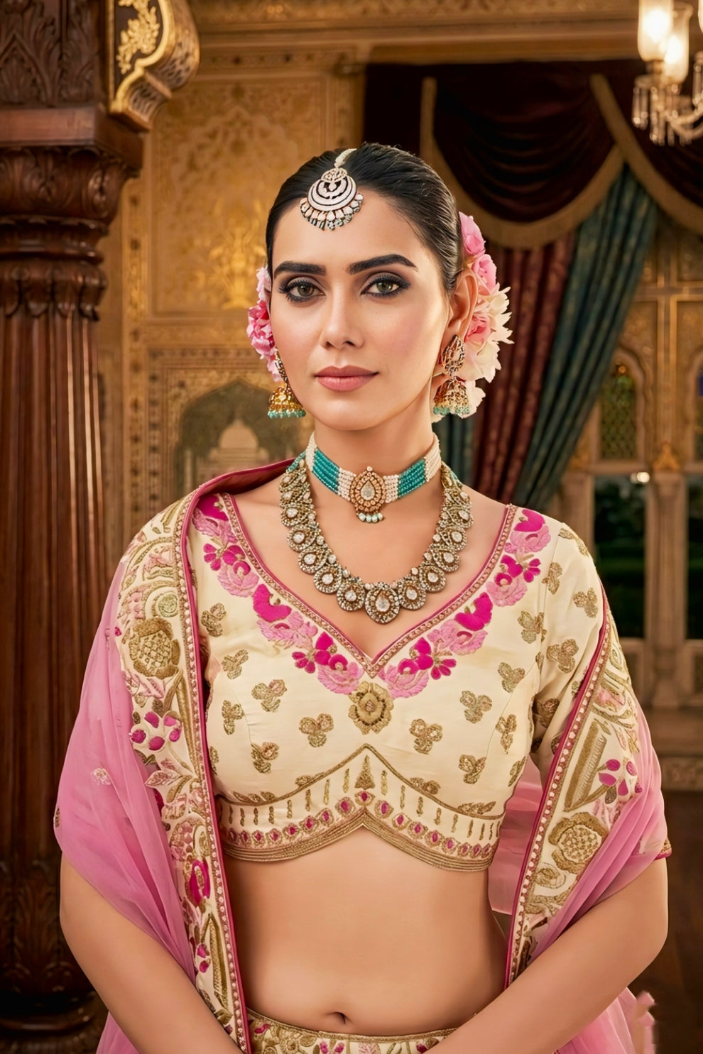 Beige and Pink Embroidered Silk Bridal Lehenga Choli with Net Dupatta