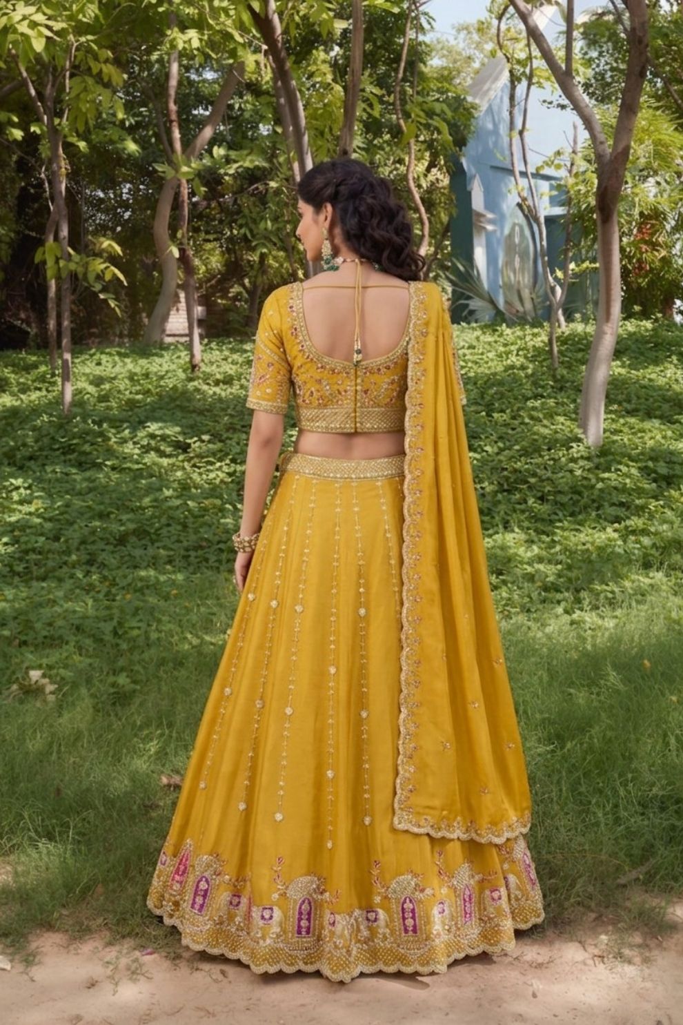 Royal Yellow Silk Mehendi Lehenga Choli with Bead Embroidery Elegant