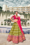 Olive Green Rani Pink Kalamkari Banarasi Lehenga Choli