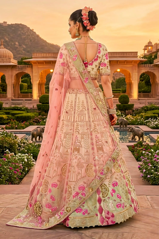 Charming Beige and Pink Embroidered Silk Lehenga Choli with Net Dupatta